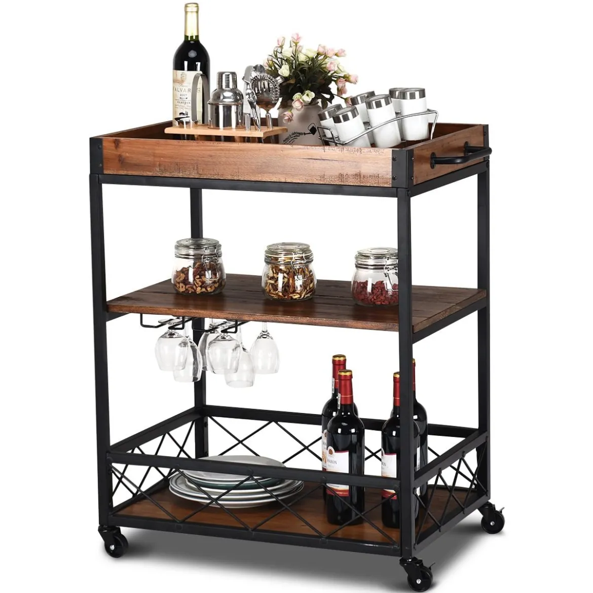 Servierwagen 3 Ablagen Küchenwagen Haushaltswagen mit Universalrädern Braun 78 x 46 x 82,5 cm