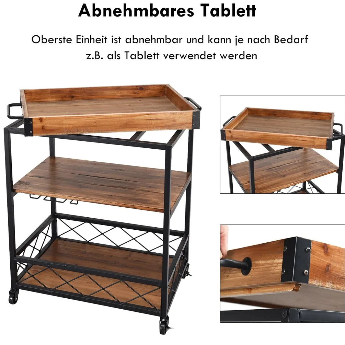Servierwagen 3 Ablagen Küchenwagen Haushaltswagen mit Universalrädern Braun 78 x 46 x 82,5 cm