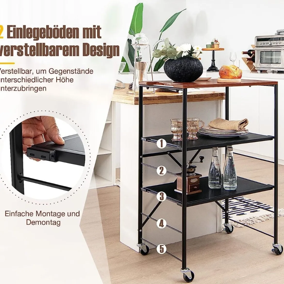 Servierwagen Beistelltisch mit Rollen & Holzablage & Metallrahmen 60 x 40 x 89 cm