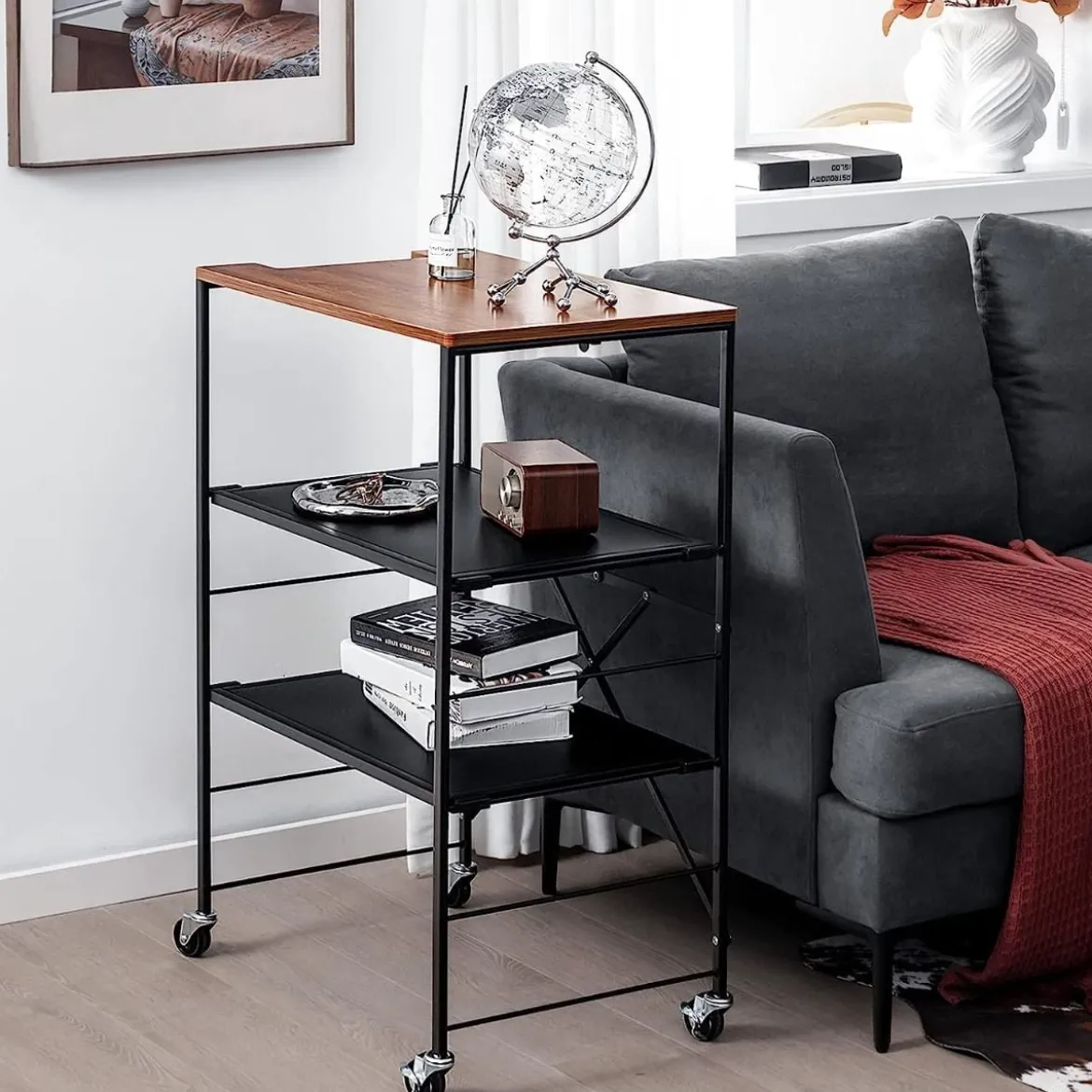 Servierwagen Beistelltisch mit Rollen & Holzablage & Metallrahmen 60 x 40 x 89 cm