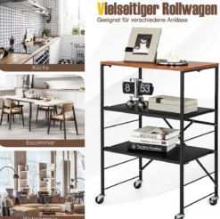 Servierwagen Beistelltisch mit Rollen & Holzablage & Metallrahmen 60 x 40 x 89 cm