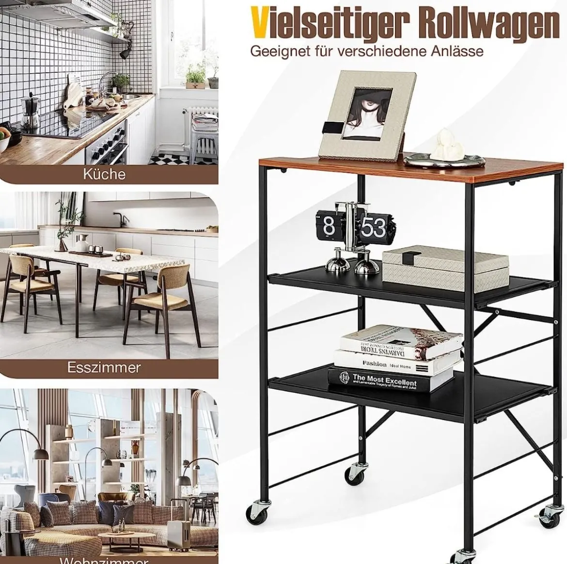 Servierwagen Beistelltisch mit Rollen & Holzablage & Metallrahmen 60 x 40 x 89 cm
