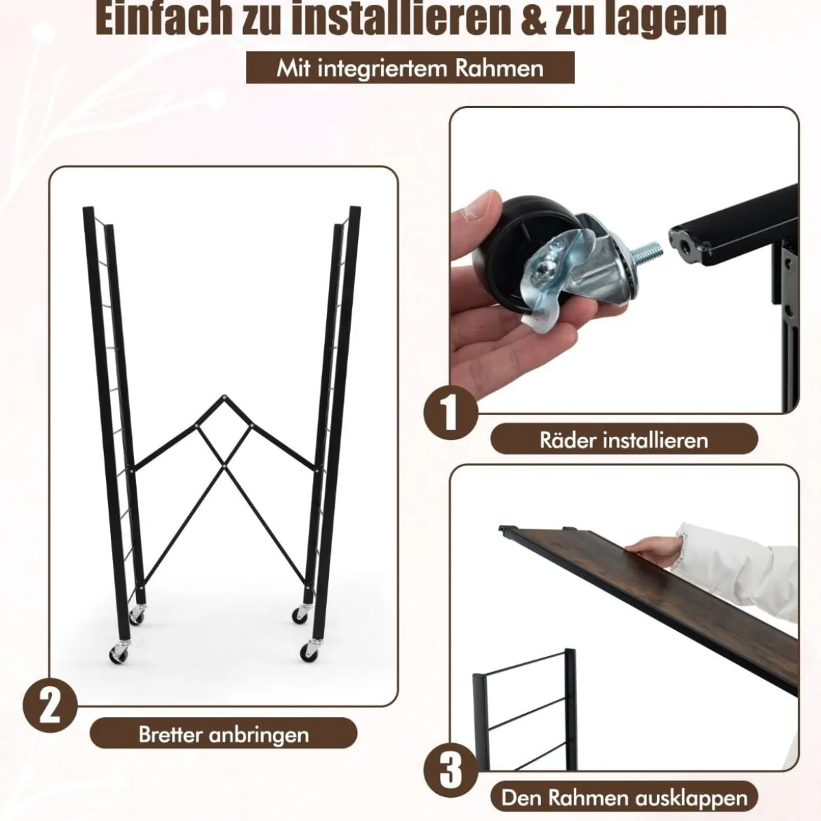 Servierwagen klappbar 4 Ebenen Küchenwagen mit abnehmbaren Rädern 76 x 36 x 122 cm Schwarz + Rustikales Braun