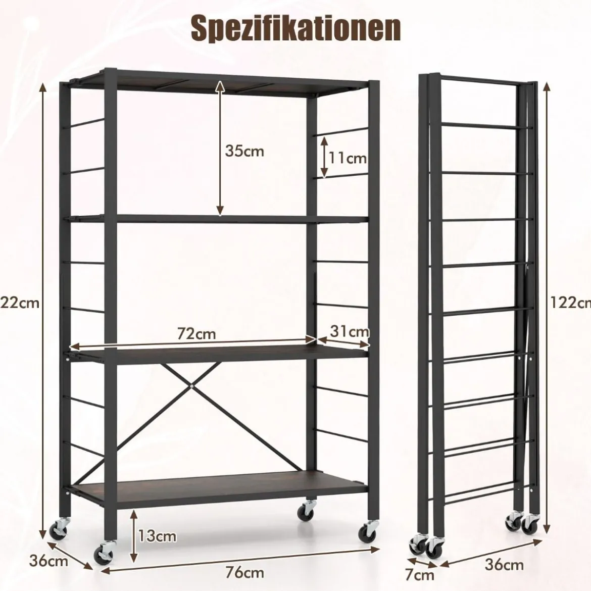 Servierwagen klappbar 4 Ebenen Küchenwagen mit abnehmbaren Rädern 76 x 36 x 122 cm Schwarz + Rustikales Braun