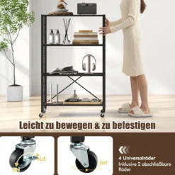 Servierwagen klappbar 4 Ebenen Küchenwagen mit abnehmbaren Rädern 76 x 36 x 122 cm Schwarz + Rustikales Braun