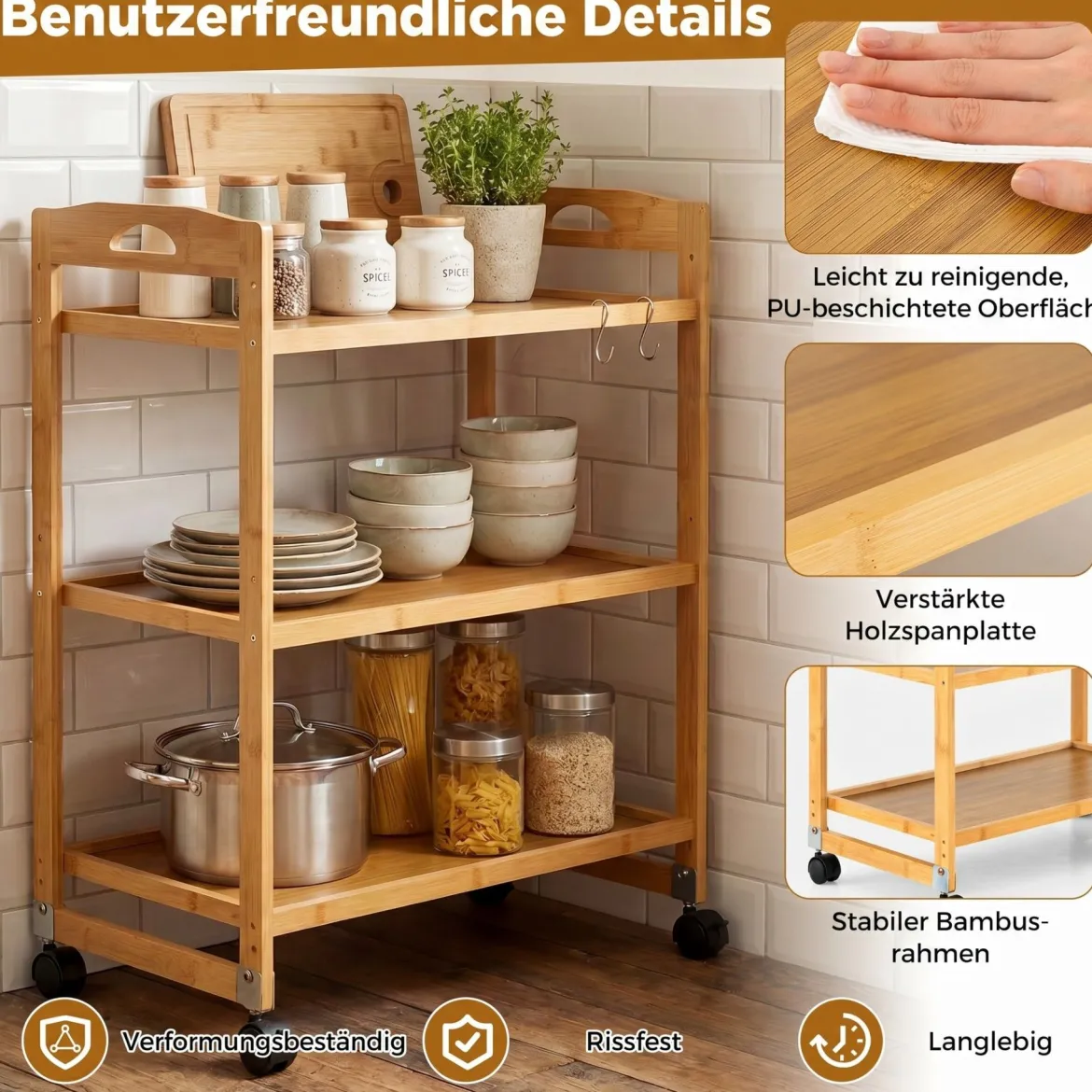 Servierwagen mit 3 Ebenen Küchenwagen aus Bambus mit Universalrollen Griff Natur 60 x 33 x 72 cm