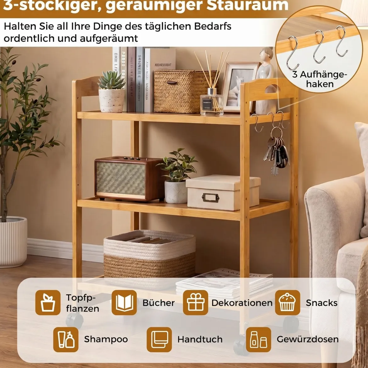Servierwagen mit 3 Ebenen Küchenwagen aus Bambus mit Universalrollen Griff Natur 60 x 33 x 72 cm