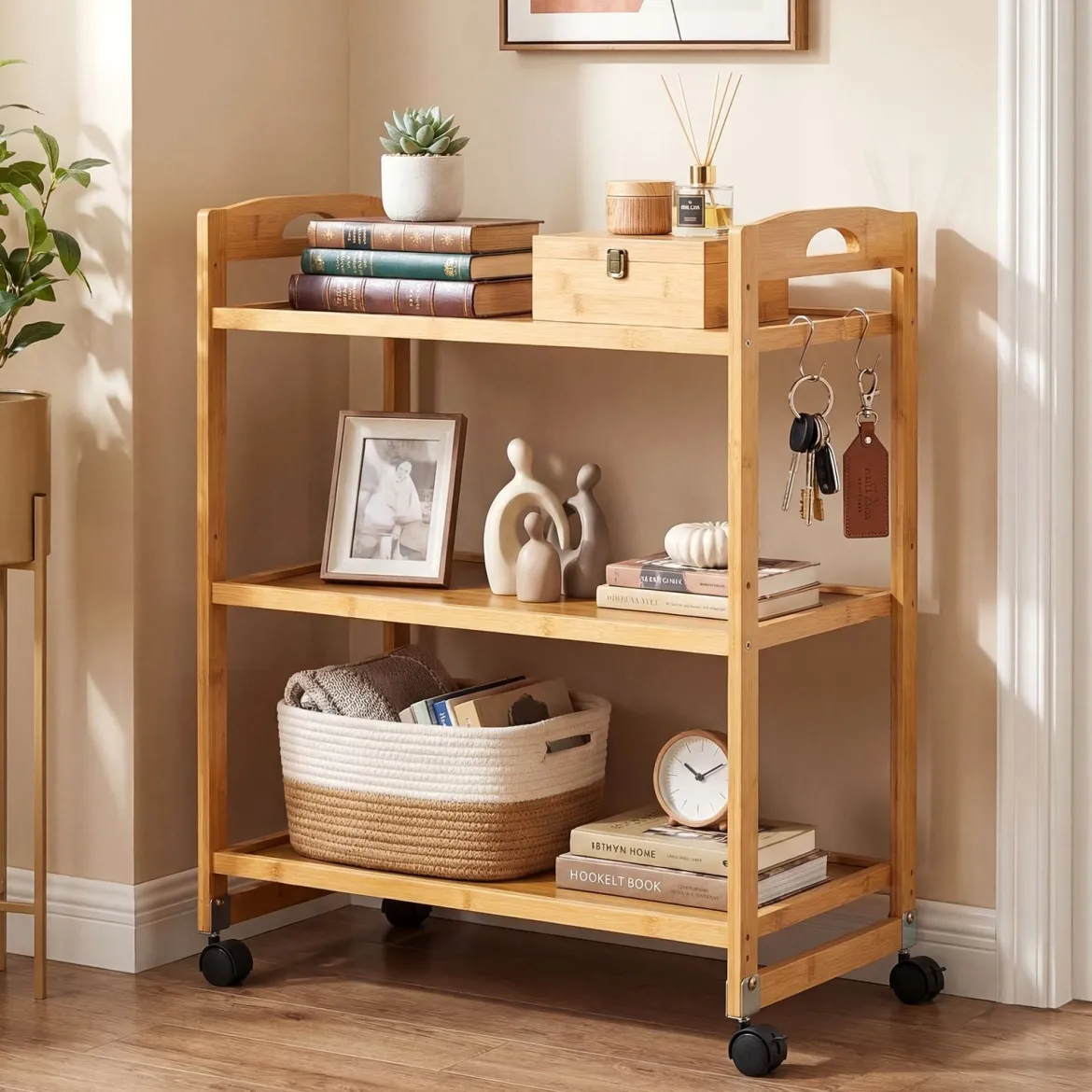 Servierwagen mit 3 Ebenen Küchenwagen aus Bambus mit Universalrollen Griff Natur 60 x 33 x 72 cm