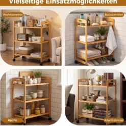 Servierwagen mit 3 Ebenen Küchenwagen aus Bambus mit Universalrollen Griff Natur 60 x 33 x 72 cm