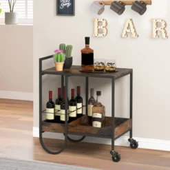 Servierwagen mit Rollen Feststellbarer Barwagen Weinwagen Industrie Design Rustikales Braun