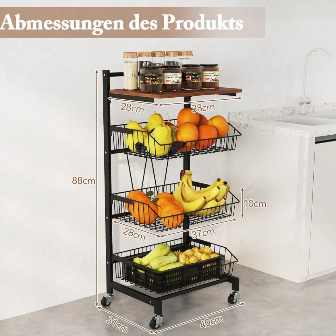 Servierwagen mit Rollen Gemüseregal mit ausziehbaren Körben 40 x 31 x 88 cm