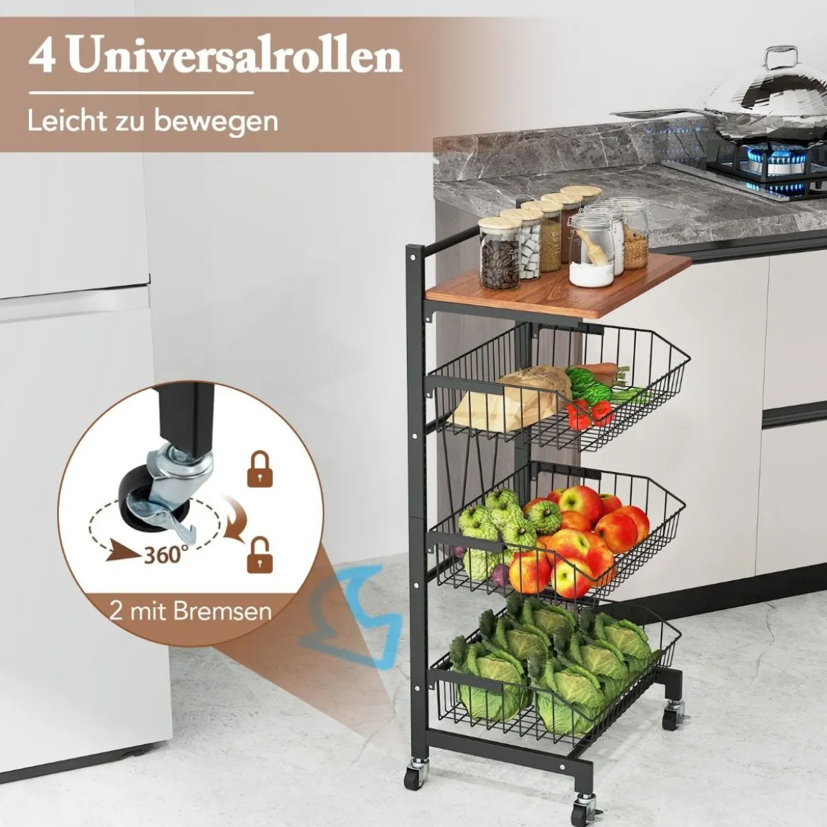 Servierwagen mit Rollen Gemüseregal mit ausziehbaren Körben 40 x 31 x 88 cm