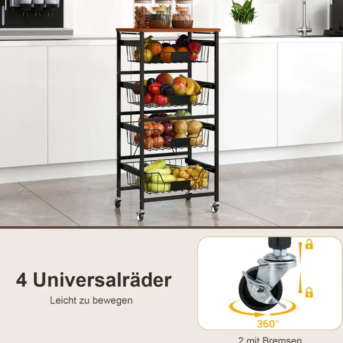 Servierwagen mit Rollen Gemüseregal mit ausziehbaren Körben für Küche Esszimmer 42 x 31 x 89 cm