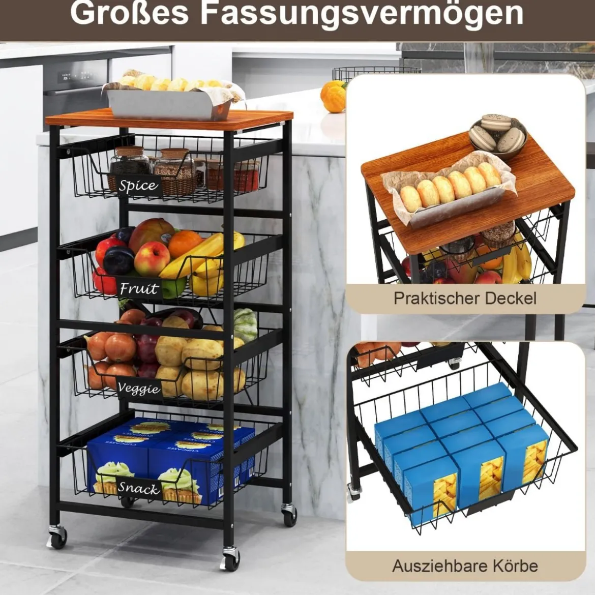 Servierwagen mit Rollen Gemüseregal mit ausziehbaren Körben für Küche Esszimmer 42 x 31 x 89 cm