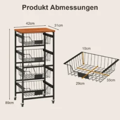 Servierwagen mit Rollen Gemüseregal mit ausziehbaren Körben für Küche Esszimmer 42 x 31 x 89 cm