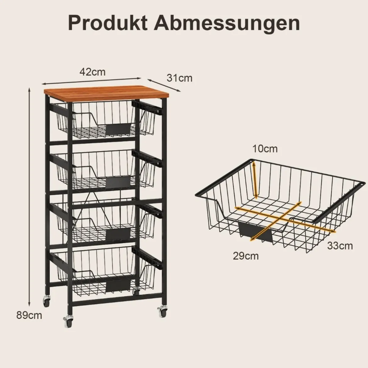 Servierwagen mit Rollen Gemüseregal mit ausziehbaren Körben für Küche Esszimmer 42 x 31 x 89 cm