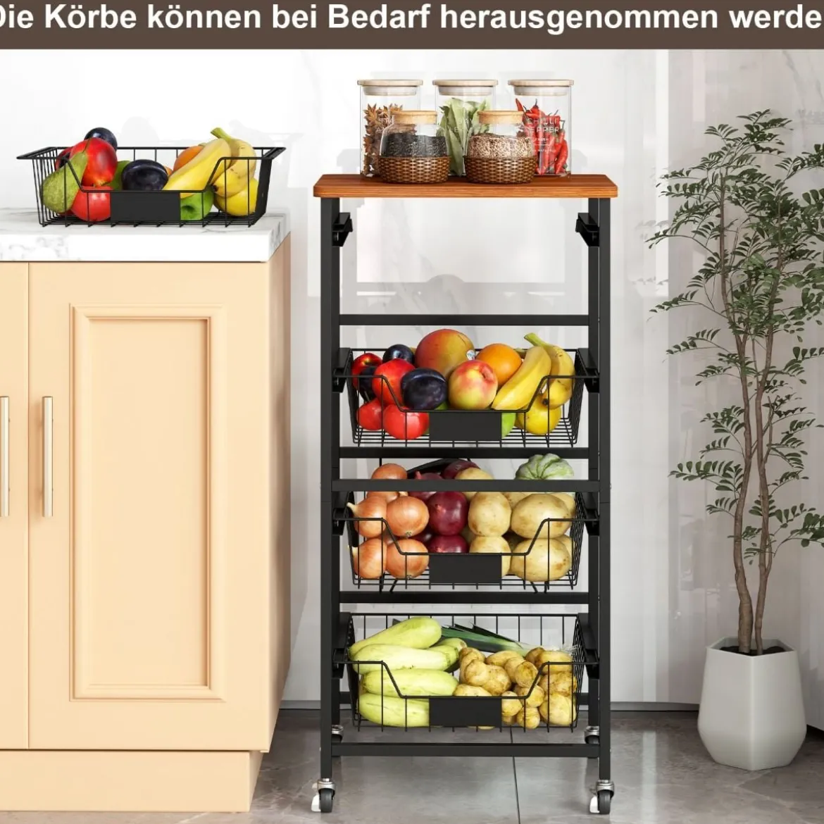 Servierwagen mit Rollen Gemüseregal mit ausziehbaren Körben für Küche Esszimmer 42 x 31 x 89 cm