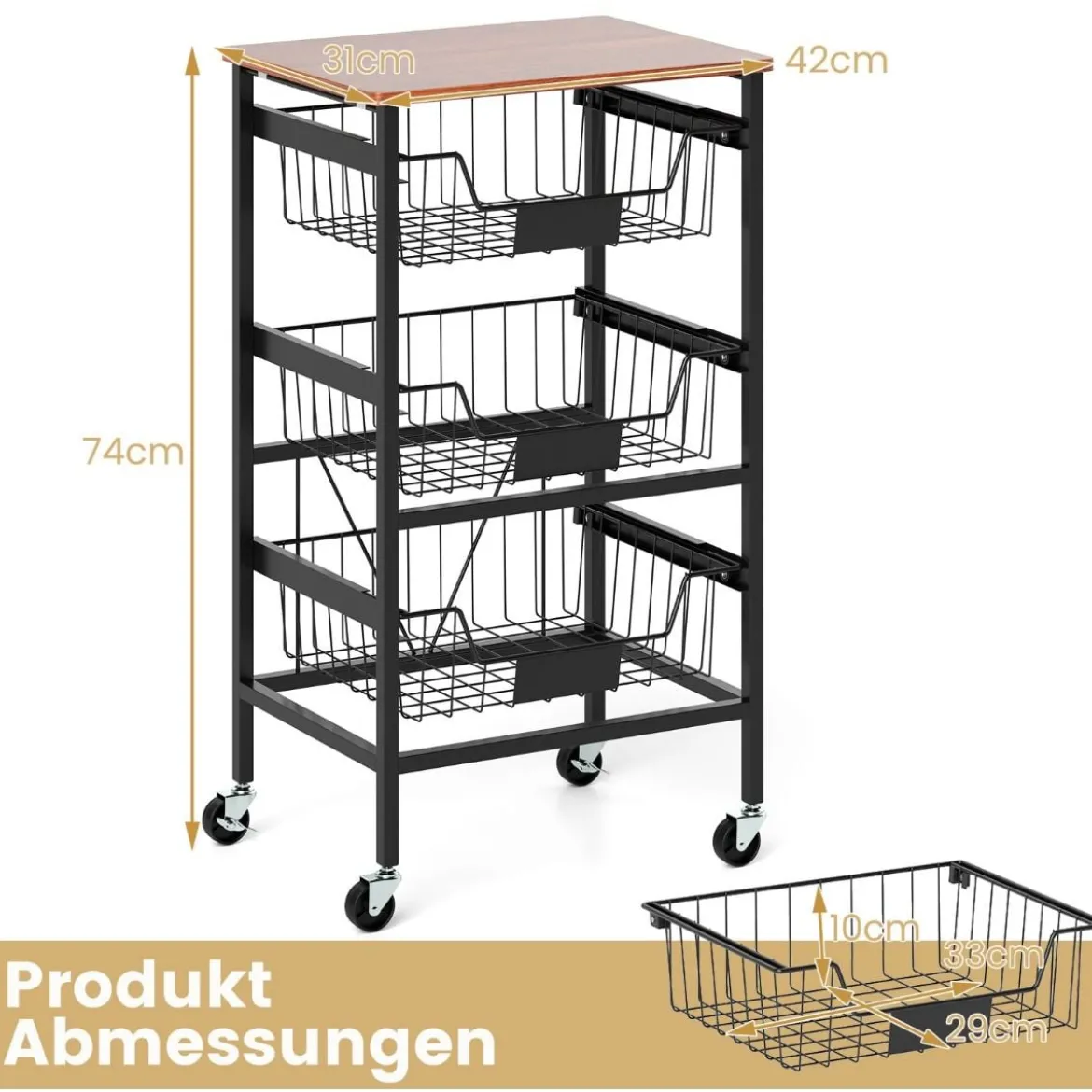 Servierwagen mit Rollen Gemüseregal mit ausziehbaren Körben Rollwagen mit 4 Etagen 42 x 31 x 74 cm
