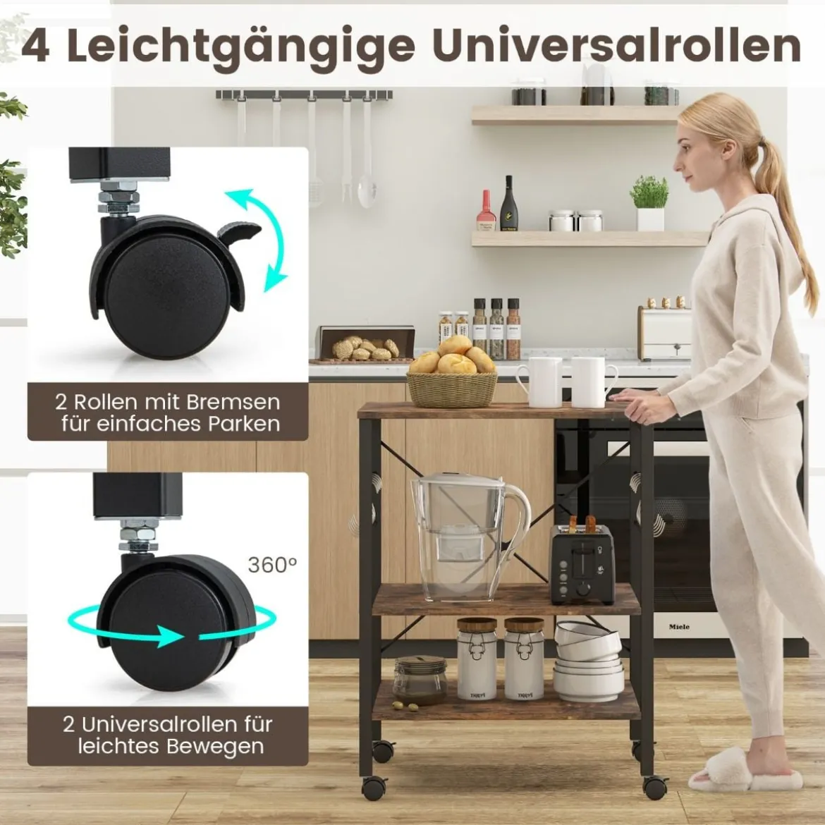 Servierwagen mit Rollen & Verstellbaren Ablagen & 10 Haken 3 Ebenen Küchenwagen Braun + Schwarz