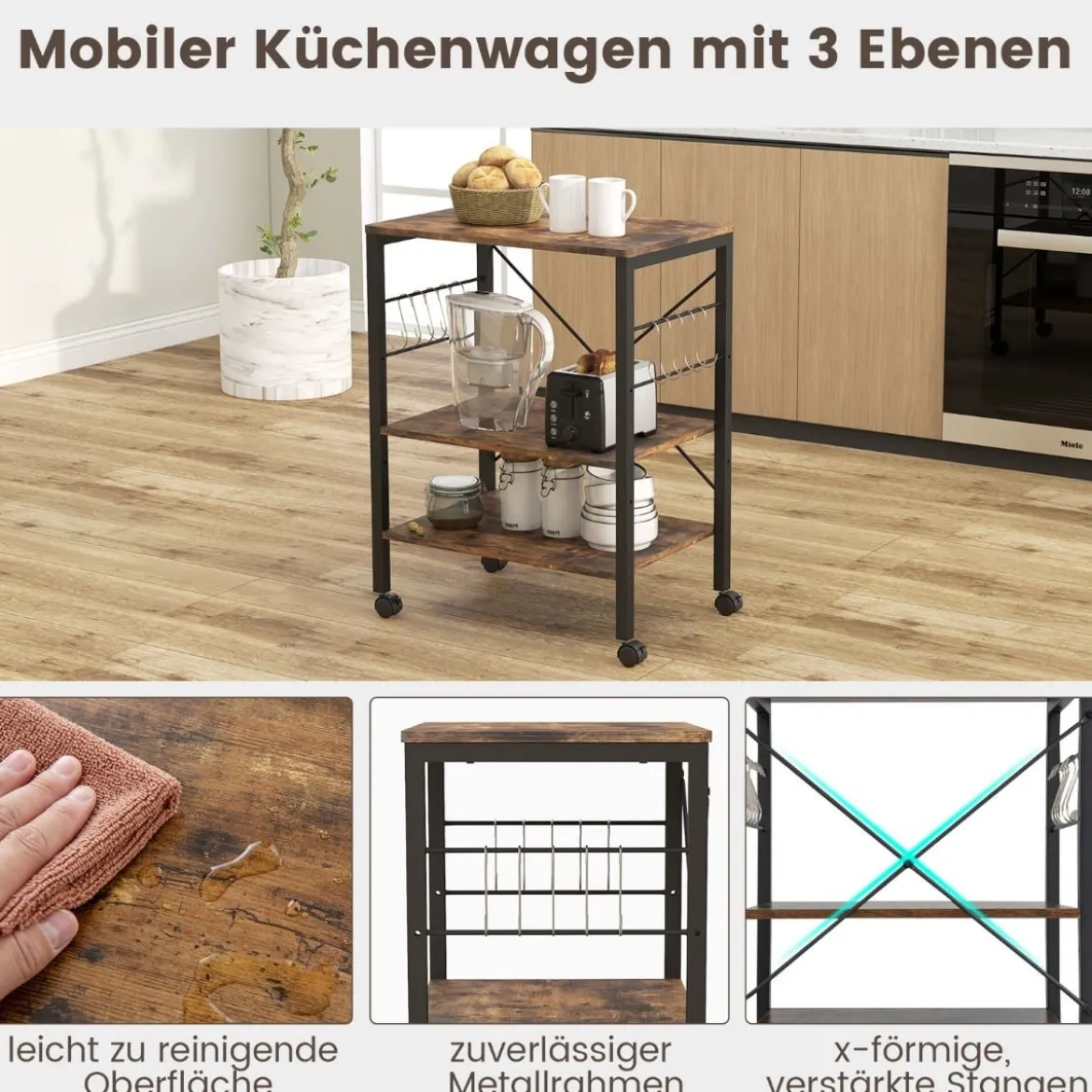 Servierwagen mit Rollen & Verstellbaren Ablagen & 10 Haken 3 Ebenen Küchenwagen Braun + Schwarz