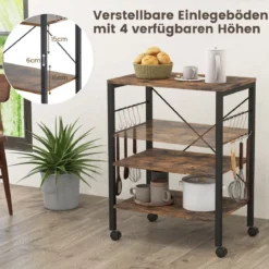 Servierwagen mit Rollen & Verstellbaren Ablagen & 10 Haken 3 Ebenen Küchenwagen Braun + Schwarz