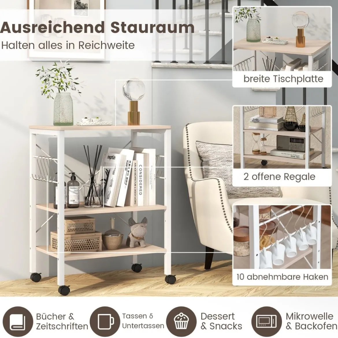 Servierwagen mit Rollen & Verstellbaren Ablagen & 10 Haken 3 Ebenen Küchenwagen Braun + Weiß