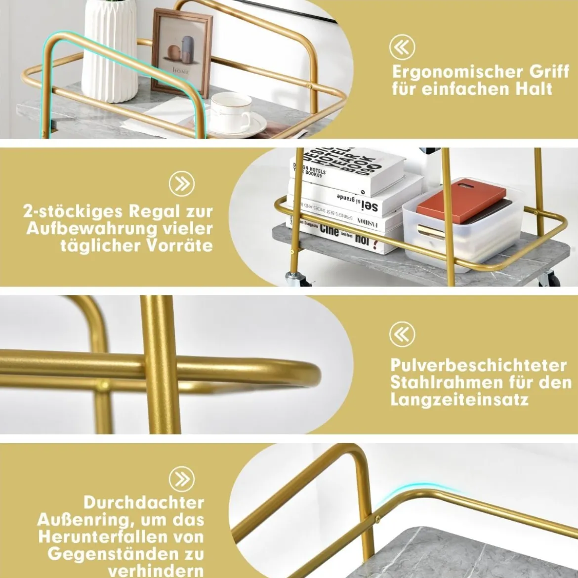 Servierwagen 2-Stöckiger Rollender Küchenwagen 36,5 x 60 x 82,5 cm Grau & Golden