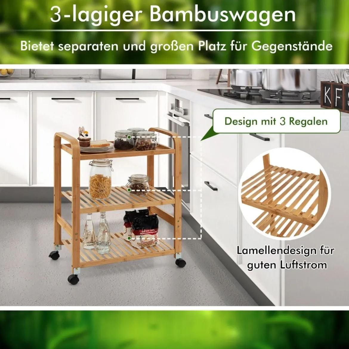 Servierwagen 3-Stöckiger Rollwagen aus Bambus 58 x 33 x 76 cm Natur