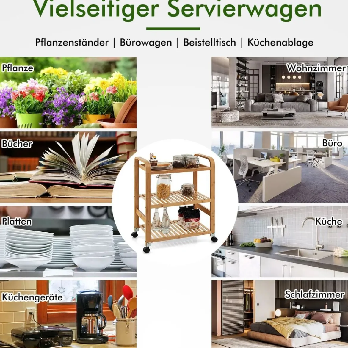 Servierwagen 3-Stöckiger Rollwagen aus Bambus 58 x 33 x 76 cm Natur