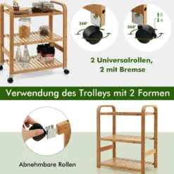 Servierwagen 3-Stöckiger Rollwagen aus Bambus 58 x 33 x 76 cm Natur