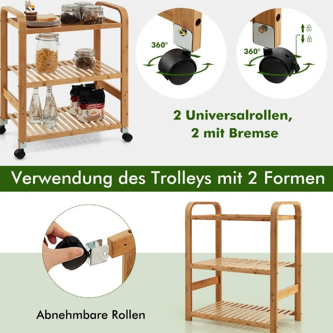 Servierwagen 3-Stöckiger Rollwagen aus Bambus 58 x 33 x 76 cm Natur