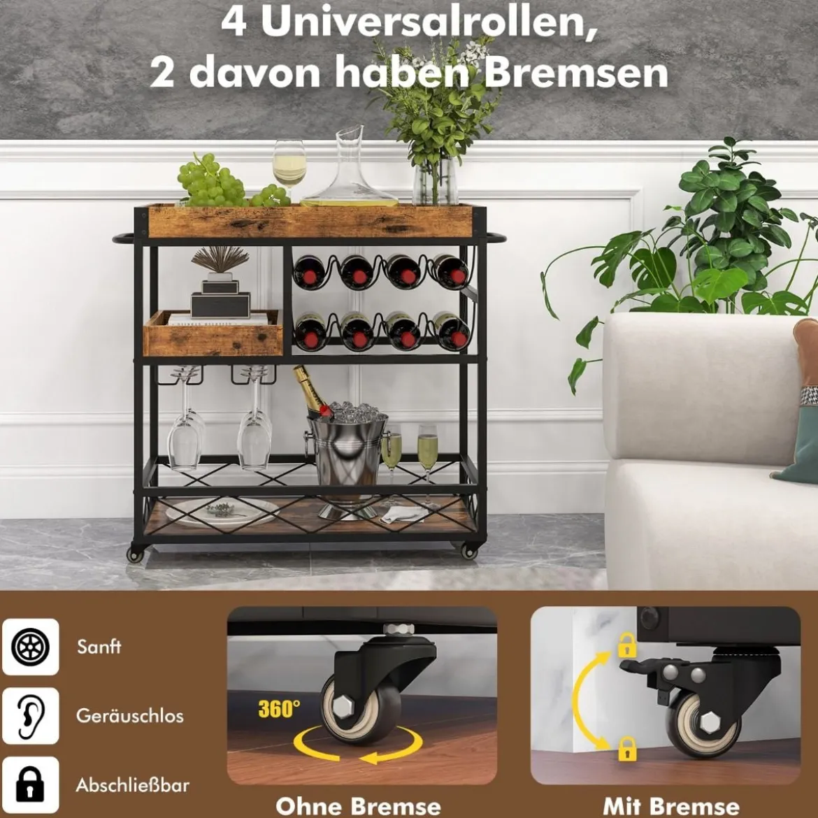 Servierwagen 3-Stufiger Rollender Barwagen mit Abnehmbarem Tablett 80 x 40 x 83 cm Rustikales Braun