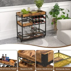 Servierwagen 3-Stufiger Rollender Barwagen mit Abnehmbarem Tablett 80 x 40 x 83 cm Rustikales Braun