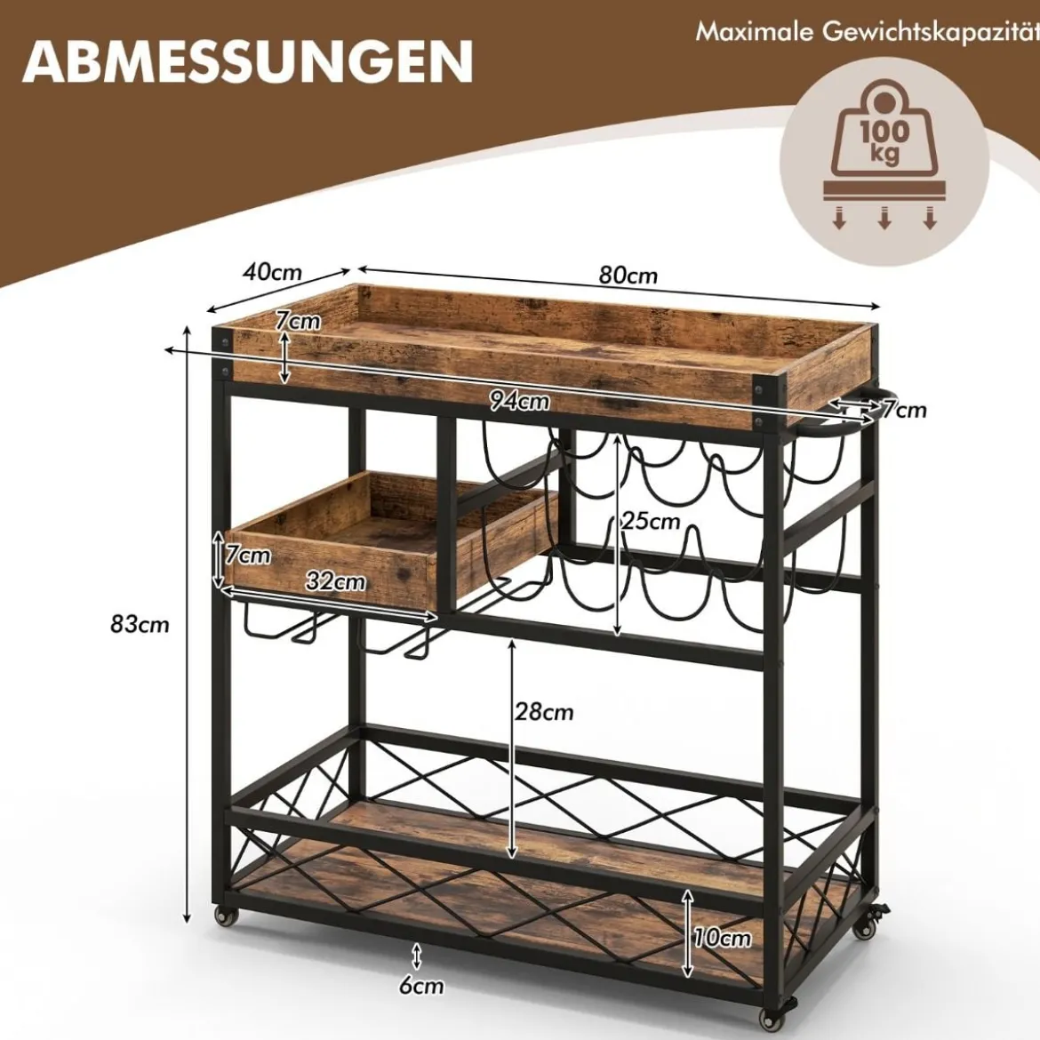 Servierwagen 3-Stufiger Rollender Barwagen mit Abnehmbarem Tablett 80 x 40 x 83 cm Rustikales Braun