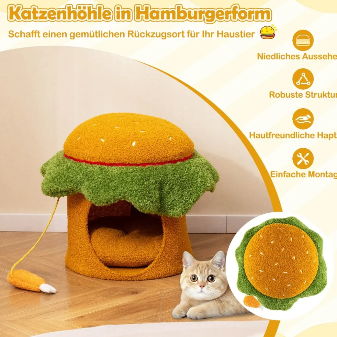 Süßes Katzenbett hamburgerförmiges Katzenhaus mit gepolstertem oberen Sitzplatz hängendem Plüschspielzeug Orange