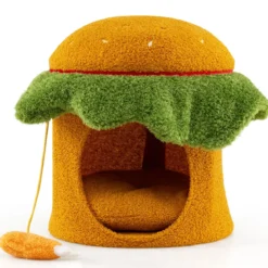 Süßes Katzenbett hamburgerförmiges Katzenhaus mit gepolstertem oberen Sitzplatz hängendem Plüschspielzeug Orange