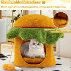 Süßes Katzenbett hamburgerförmiges Katzenhaus mit gepolstertem oberen Sitzplatz hängendem Plüschspielzeug Orange