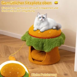 Süßes Katzenbett hamburgerförmiges Katzenhaus mit gepolstertem oberen Sitzplatz hängendem Plüschspielzeug Orange
