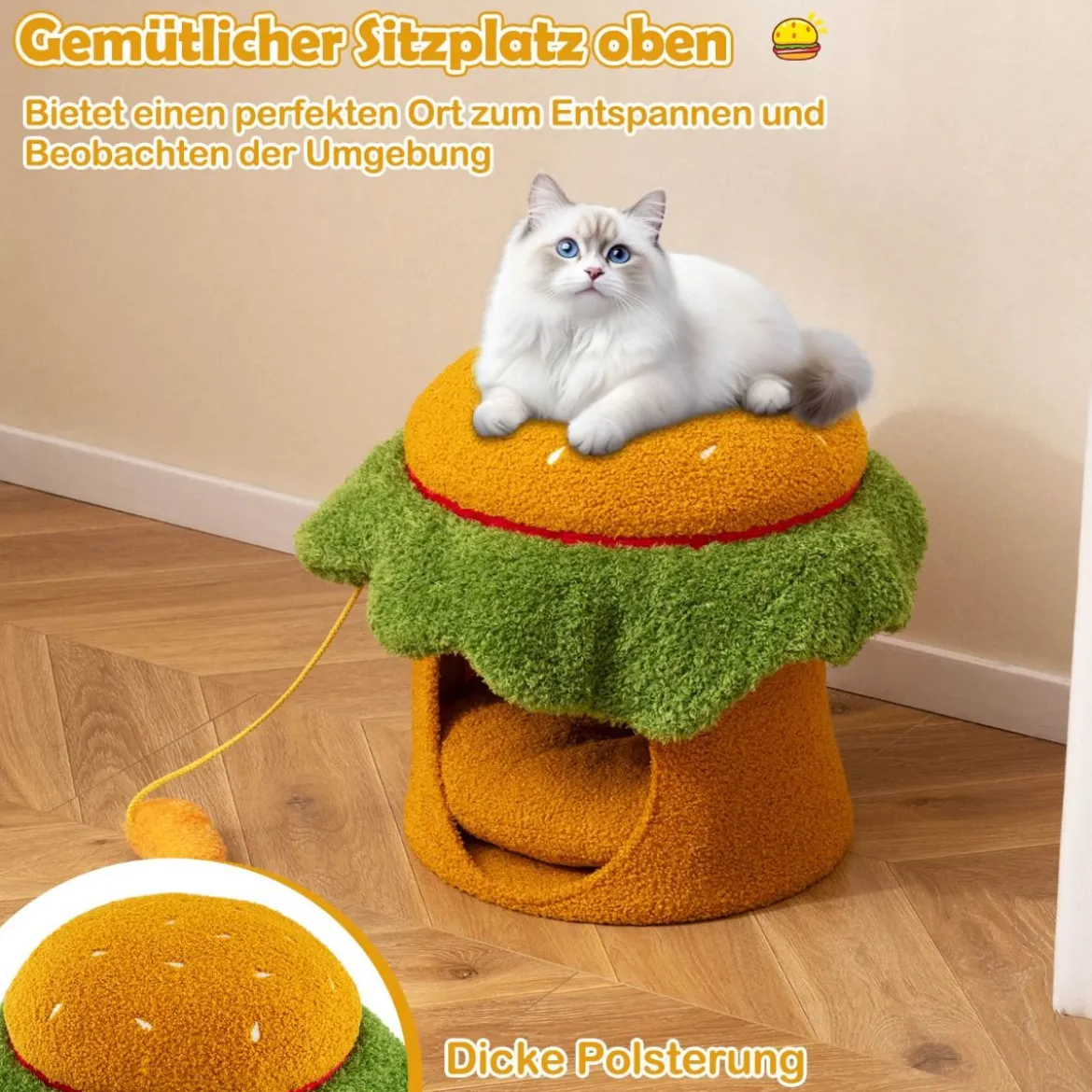 Süßes Katzenbett hamburgerförmiges Katzenhaus mit gepolstertem oberen Sitzplatz hängendem Plüschspielzeug Orange