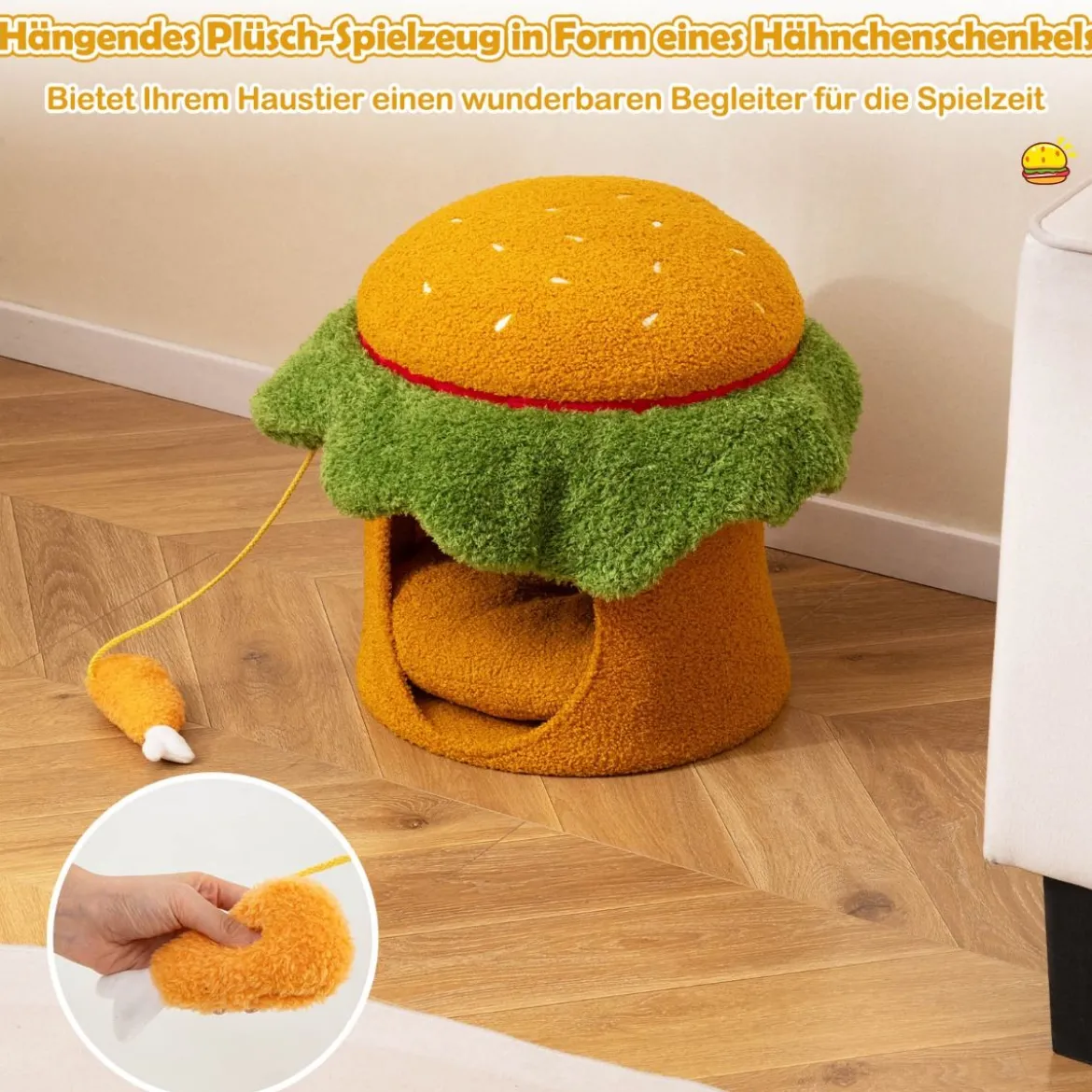 Süßes Katzenbett hamburgerförmiges Katzenhaus mit gepolstertem oberen Sitzplatz hängendem Plüschspielzeug Orange