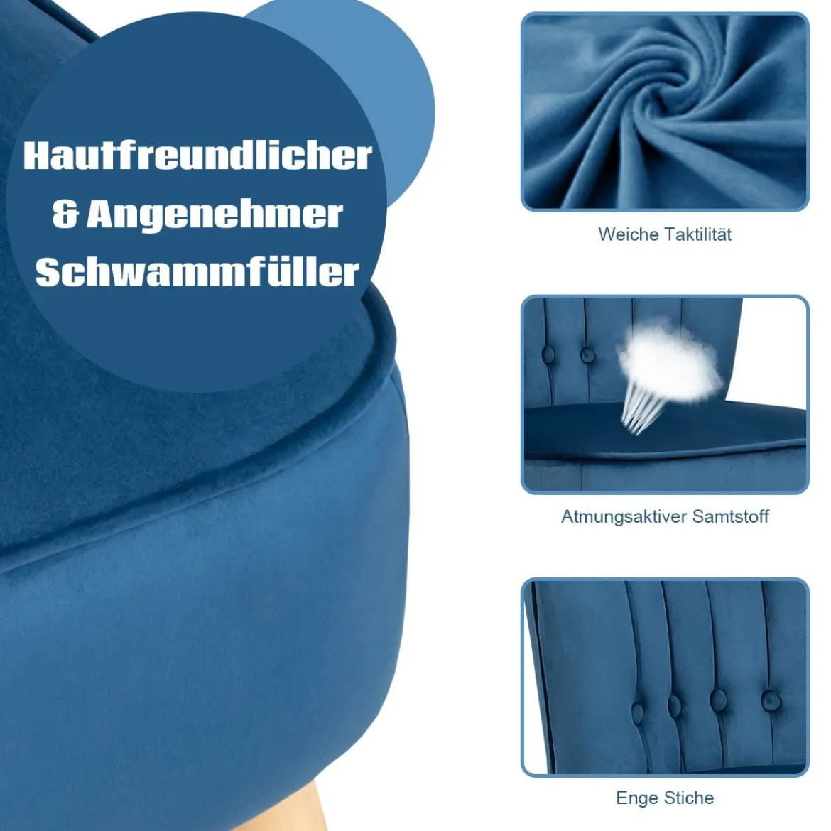 Sessel Armloser Sessel mit Ottomane Hautfreundlicher Polsterstuhl ohne Armlehnen aus Samt Blau