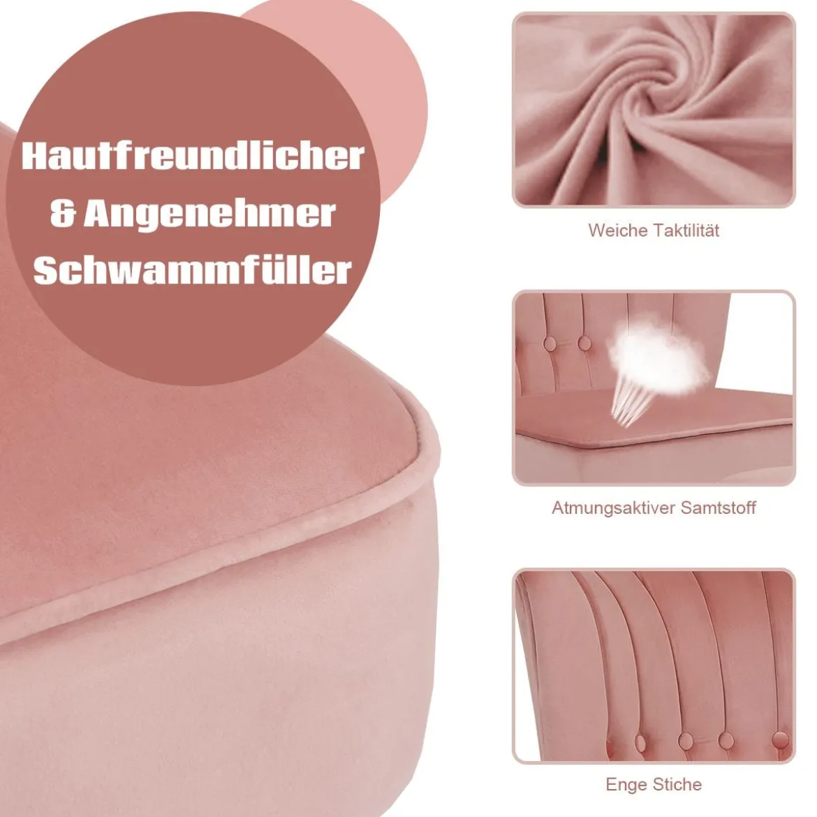 Sessel Armloser Sessel mit Ottomane Hautfreundlicher Polsterstuhl ohne Armlehnen aus Samt Rosa