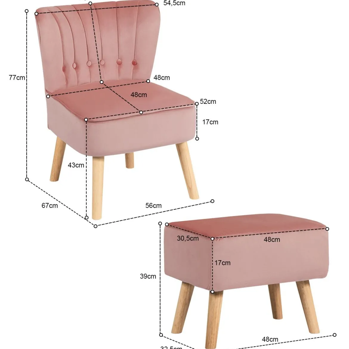 Sessel Armloser Sessel mit Ottomane Hautfreundlicher Polsterstuhl ohne Armlehnen aus Samt Rosa