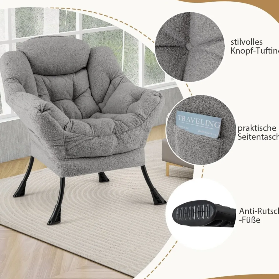 Sessel mit Armlehnen & Seitentasche & Fußstütze & Hocker Relaxsessel Loungesessel Fernsehsessel