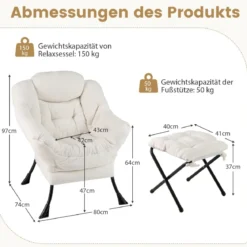 Sessel mit Armlehnen & Seitentasche & Fußstütze & Hocker Relaxsessel Loungesessel Fernsehsessel