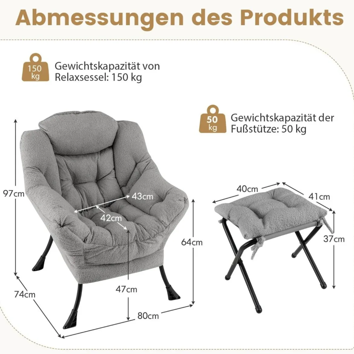 Sessel mit Armlehnen & Seitentasche & Fußstütze & Hocker Relaxsessel Loungesessel Fernsehsessel
