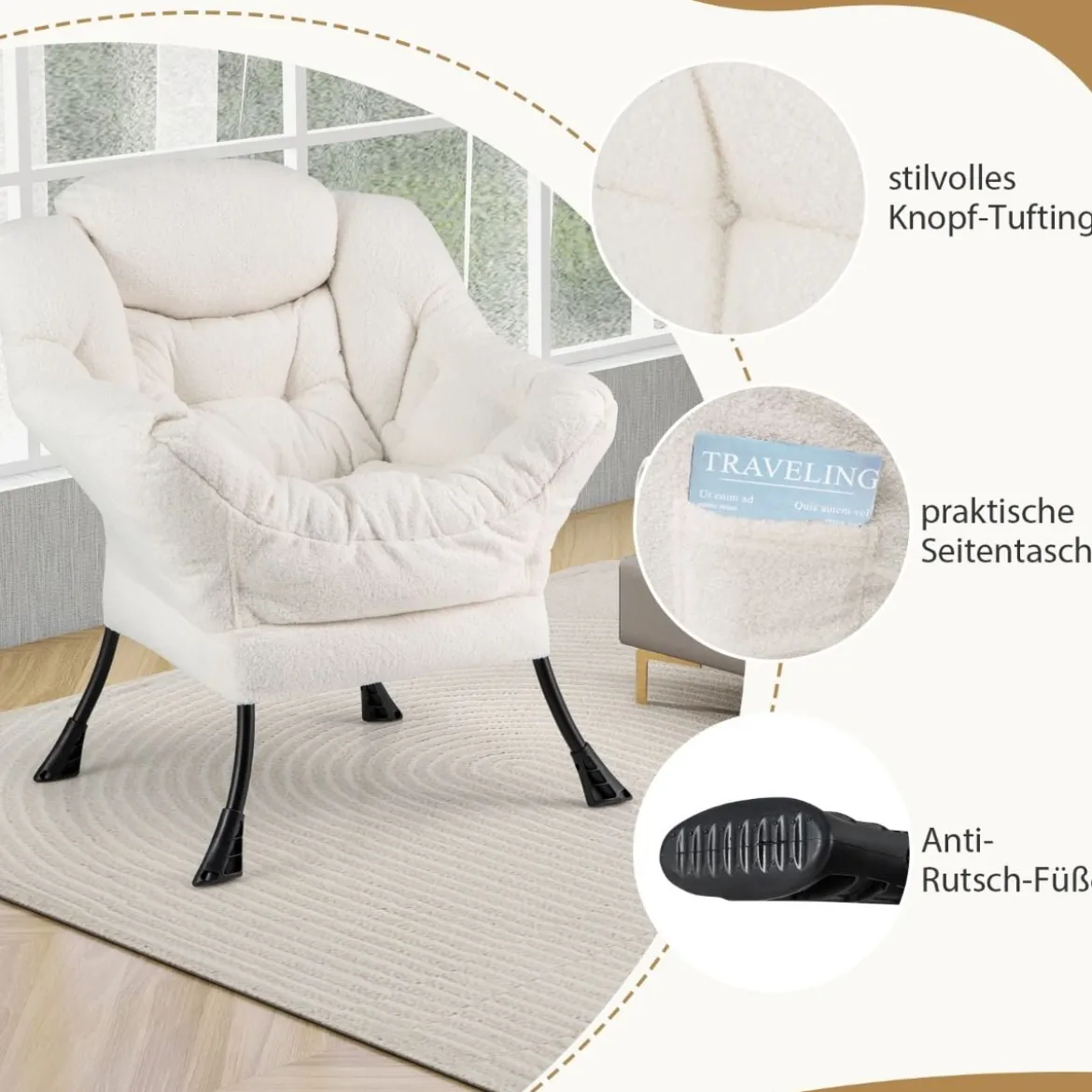 Sessel mit Armlehnen & Seitentasche & Fußstütze & Hocker Relaxsessel Loungesessel Fernsehsessel