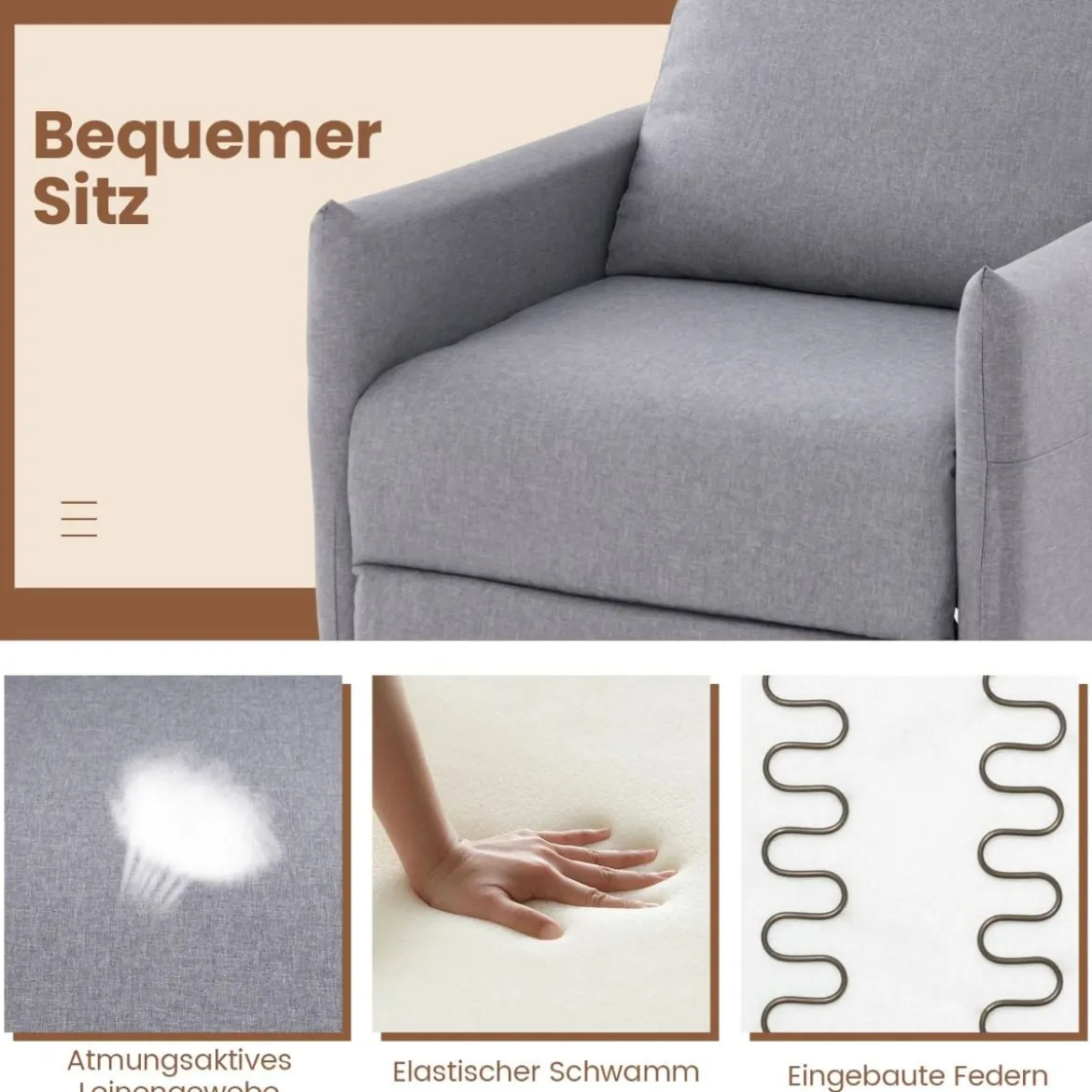Sessel mit Liegefunktion & Verstellbarer Rückenlehne & Fußstütze & 2 Magazintaschen