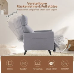 Sessel mit Liegefunktion & Verstellbarer Rückenlehne & Fußstütze & 2 Magazintaschen