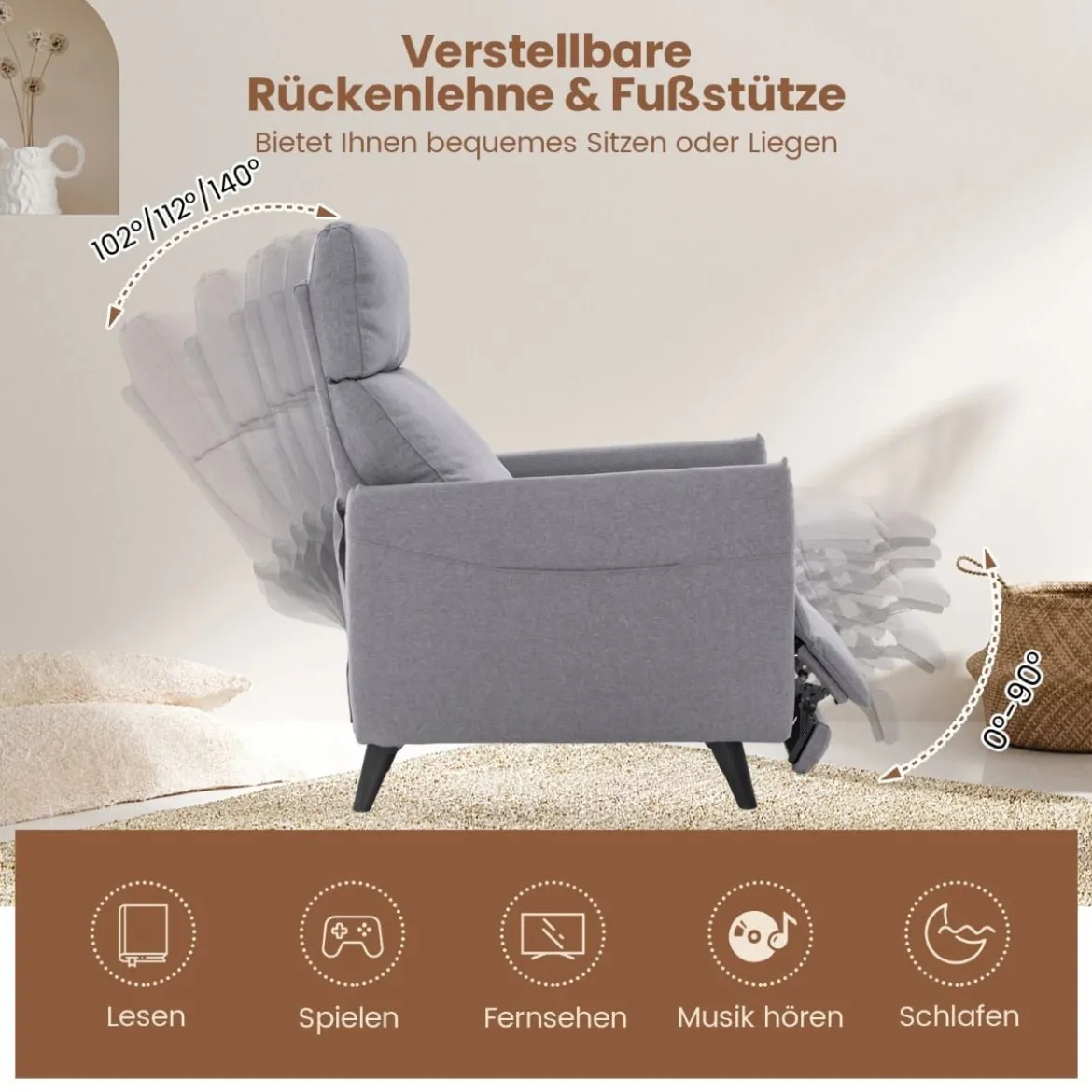Sessel mit Liegefunktion & Verstellbarer Rückenlehne & Fußstütze & 2 Magazintaschen
